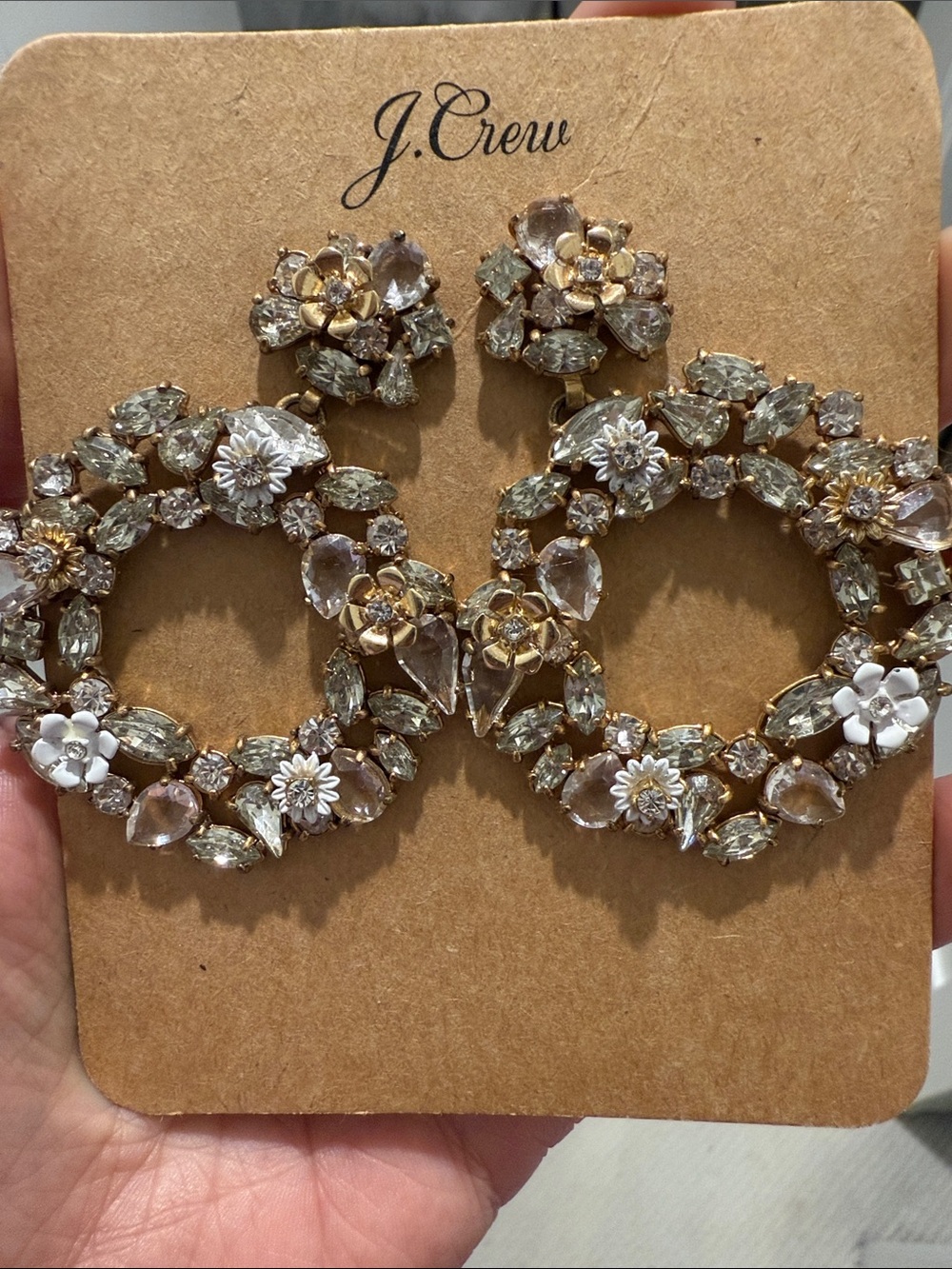 J. Crew Gold-Tone Floral Crystal Hoop Earrings with White Accents